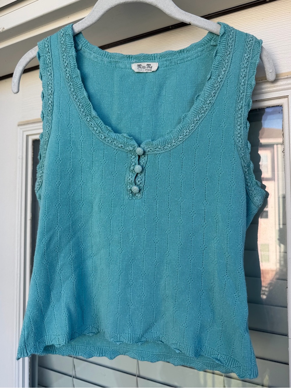 Miss Me Teal Crochet-Trim Sleeveless Knit Top
